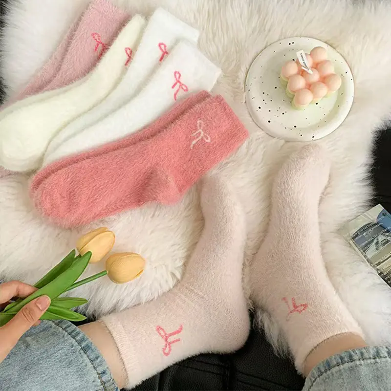 Women's Classic Bow-Embellished Thick Mid-Calf Socks, 5 Pairs Polyester Soft Plush Warmth Socks, Random White/Pink, Warm Comfortable Autumn Winter Home Casual Fitted Womenswear