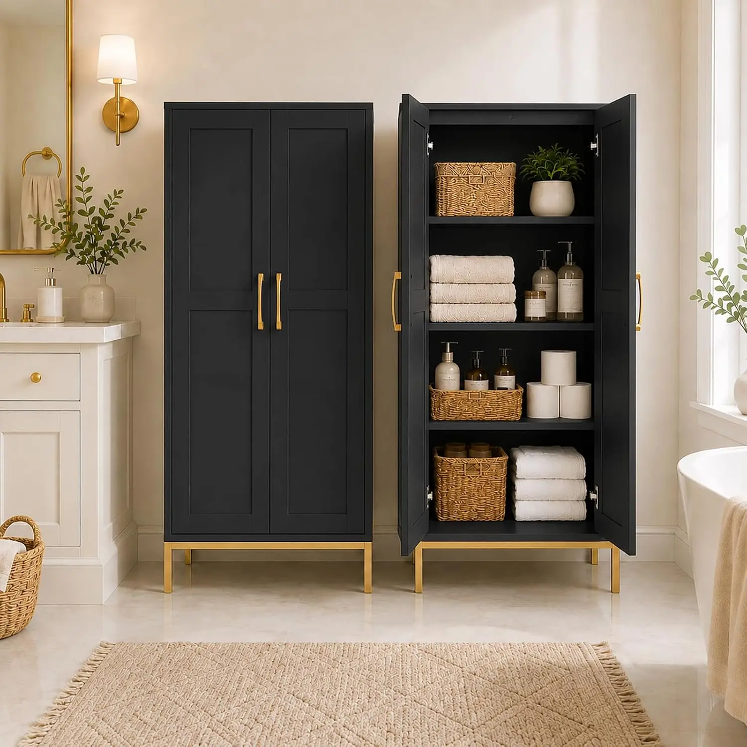 Black Linen Cabinet, 4-Tier Bathroom Storage with Gold Handles | 2 adjustable shelves; each level supports up to 50 lb for towels, baskets, paper goods and toiletries.