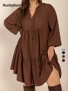 Plus Size Fitted Plain Basic Button Front Pleated Hem Dress, Casual Fashion Bishop Sleeve Long Sleeve Dress, Fall & Winter Women's Clothing, Womenswear