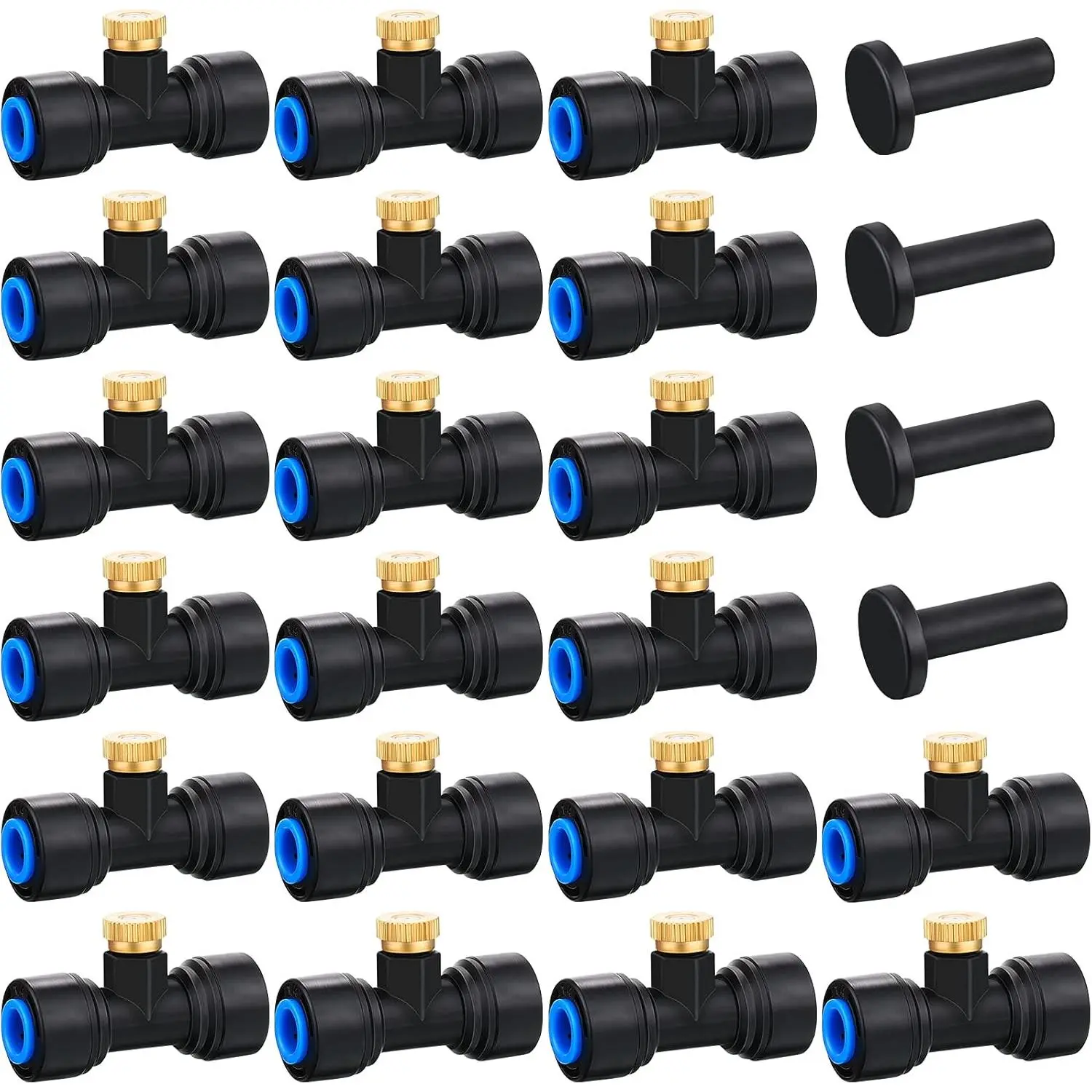 Brass Misting Nozzles 1/4 Inch Sliding Lock Mister Nozzles Tees with Plugs for Outdoor Cooling System Misting System(20 Pieces)