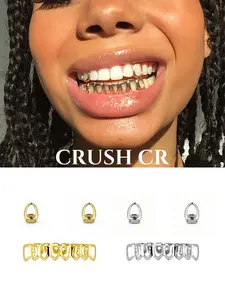CRUSH CR 18K Gold Plated Open Face Cutout Grillz Set(Top Bottom) Gold/Silver Dual Options Bold Hollow-Out Design Perfect For Hip Hop Concerts Halloween Vampire Costumes Club Nights Streetwear Flex Fits Unisex Dental Accessory For Rappers Trendsetters