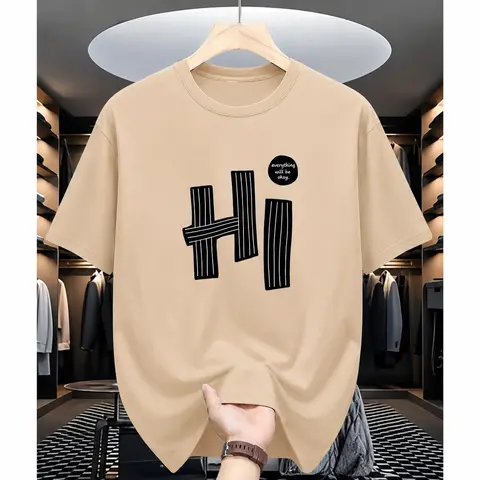 Men's "Hi" Letter Pattern All-Over Print 100% Poly Knitting Short-Sleeve T-Shirt, Casual Minimalist Regular-Fit Menswear Top, Summer Versatile Round Neck, Custom Position Printing, Machine Washable