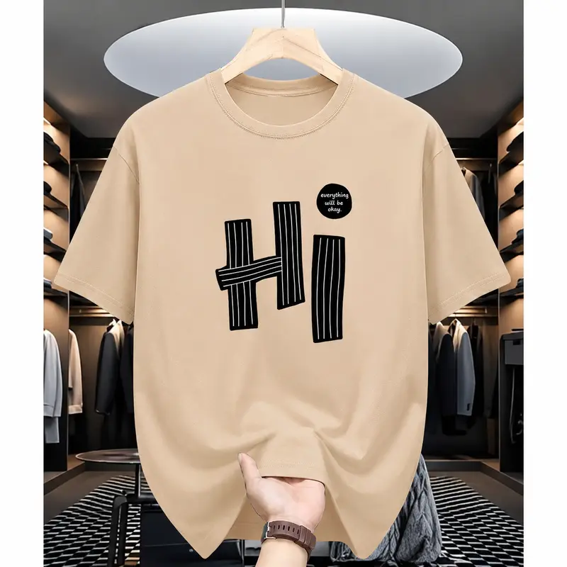 Men's "Hi" Letter Pattern All-Over Print 100% Poly Knitting Short-Sleeve T-Shirt, Casual Minimalist Regular-Fit Menswear Top, Summer Versatile Round Neck, Custom Position Printing, Machine Washable