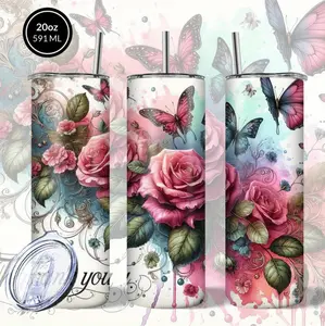 Elegant 20oz Stainless Steel Tumbler Featuring Watercolor Butterfly And Rose Floral Design With Double Wall Insulation For Hot And Cold Beverages Perfect Gift For Women And Loved Ones