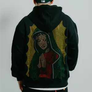 Virgencita Rhinestone Hoodie - Unisex Pullover with Rhinestone Print, Hooded Design, Front Pocket