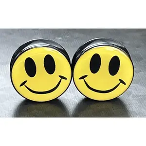 PAIR of Bright Yellow Smiley Face Logo Double Flare Acrylic Saddle Plugs - Gauges 8g (3mm) thru 1&3/16" (30mm)