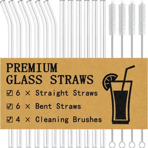 16-Pack Glass Straws, Reusable Clear Glass Drinking Straws Set,  6 Straight and 6 Bent with 4 Straw Cleaner Brush, Perfect for Smoothies, Milkshakes, Juice, Tea