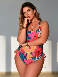 Women's Plus Size One Piece Swimsuit Square Neck Side Ruched Tie Bohemian Floral Bathing Suit