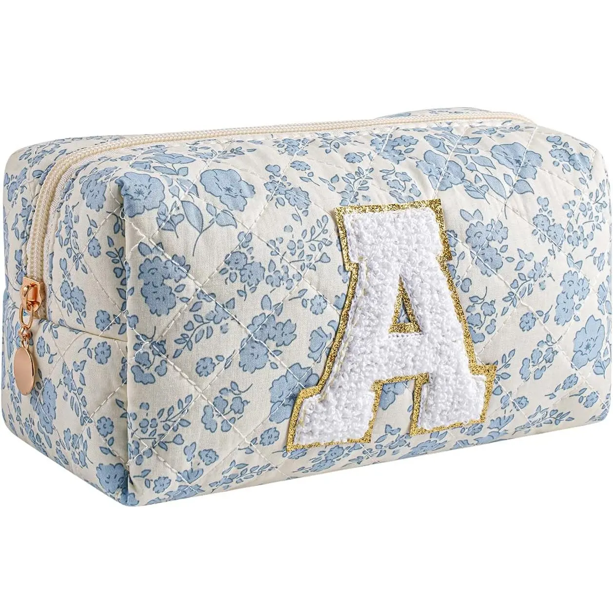 Personalized Initial Makeup Bag for Women, Cute Quilted Blue Floral Cotton  Bag, Christmas Gifts for Her Mom Friend Sister Bridesmaid Teacher Women A