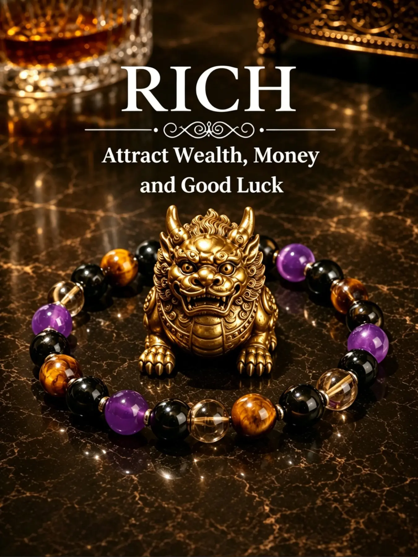 Money Attraction Bracelet, Lucky Bracelet with Amethyst Smoky Quartz Tiger Eye stones - beaded jewelry protection bracelet encouragement gift Elastic Band Stretch Bracelets Crystal Bracelet