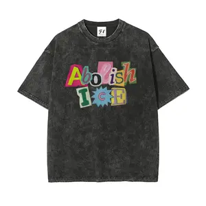 Men's Oversized Stretch Casual Round Neck Short-Sleeve Retro Cotton Vintage Washed T-Shirt with Abolish ICE Satirical Political Graphic,summerwins,father'sdaygifts