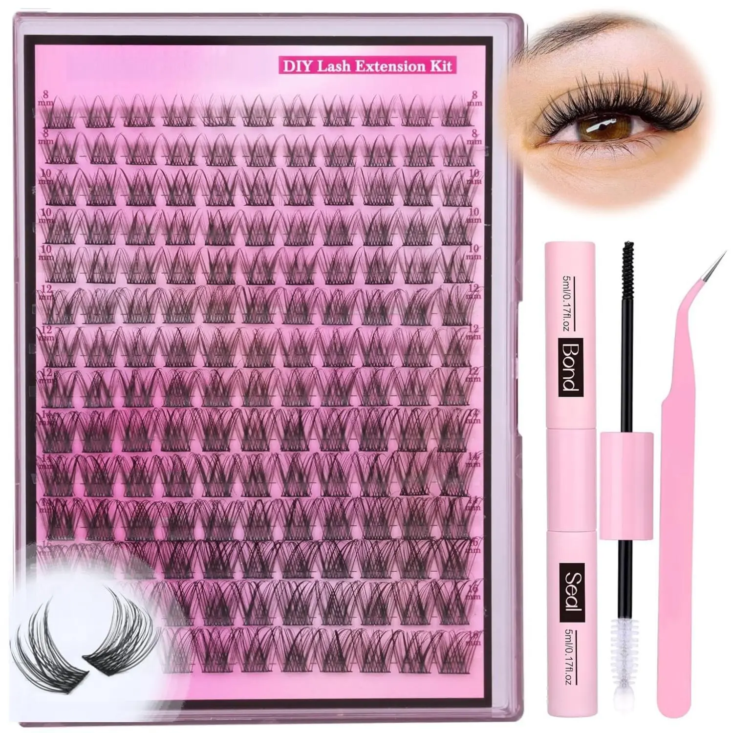 FANXITON DIY Lash Extension Kit Natural Look Wispy Lash Clusters D 154 pcs 8-16 mm Eyelash Extension Kit with Lash Bond Seal Tweezers for Beginners