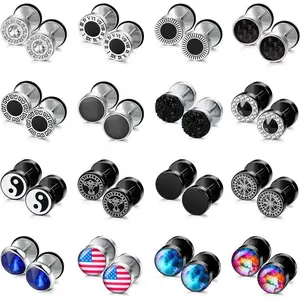 16 Pairs 316L Stainless Steel Fake Gauges Earrings for Men Women Barbell Stud Earrings Mixed Color Cheater Fake Ear Plugs Faux Gauges Earrings Ear Tunnel Daily(Sheet)