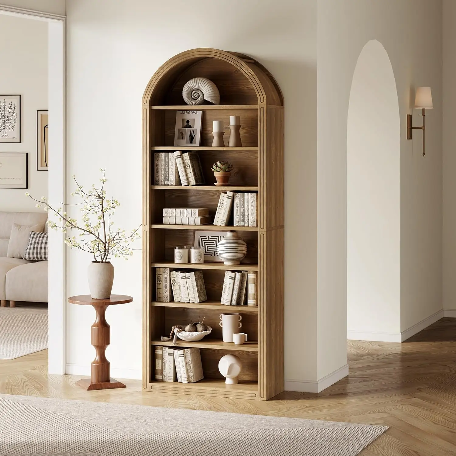 LITTLE TREE 8-Tier Bookcase, 78.7" Tall Bookshelf with Arched Top, Large Freestanding Wooden Open Bookcase Bookshelf, Modern Display Book Shelf for Living Room, Bedroom, Office, Library