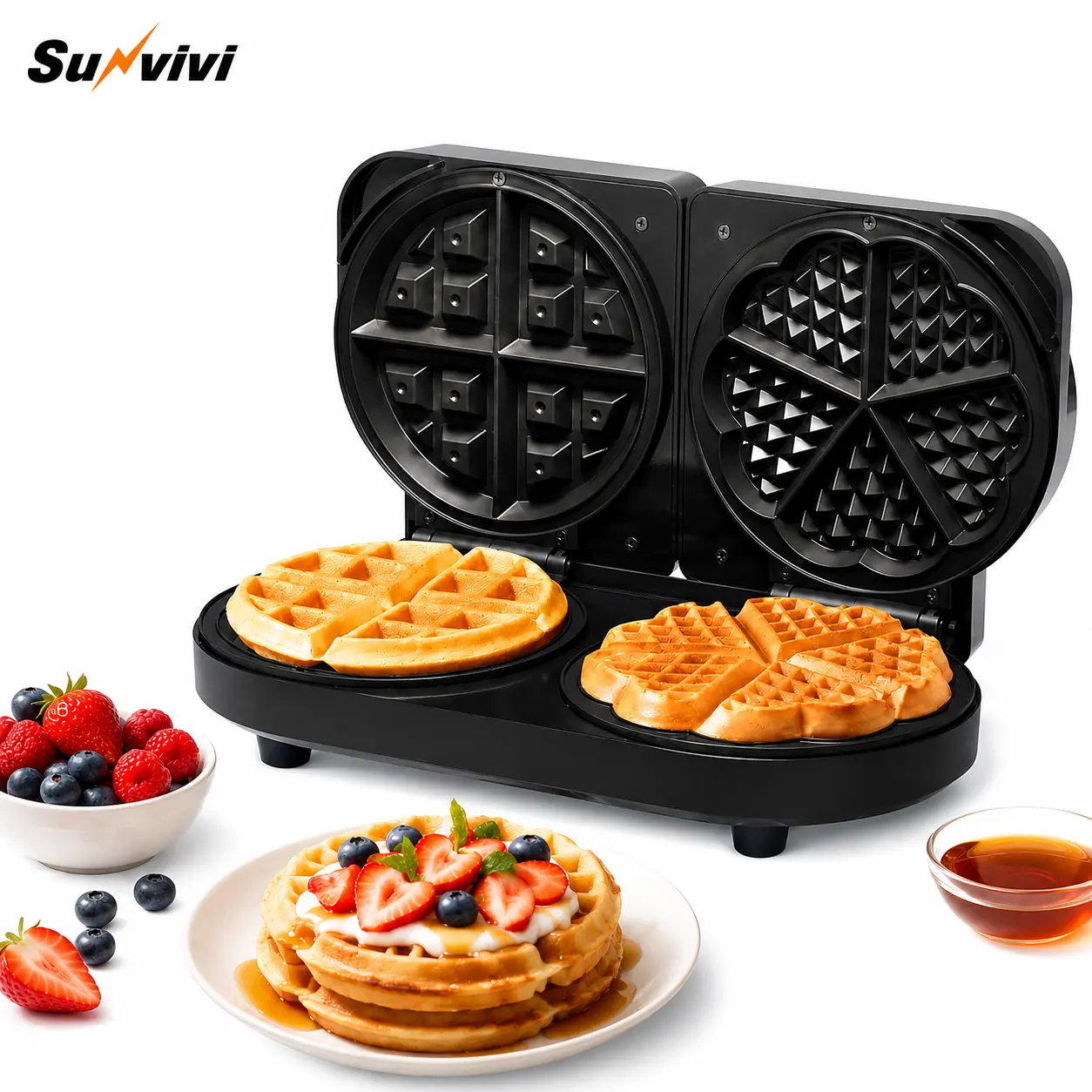Sunvivi Dual Waffle Maker - Heart & Classic Nonstick Iron, 2 Adjustable Temp Knobs, Indicator Light, 1000 to 1499 W, Dual-Side Heating, Easy to Clean, Vertical Storage, 12.4"L x 6.9"W x 3.9"H, 3.8 lbs Kitchen Appliances for Her, Holidays