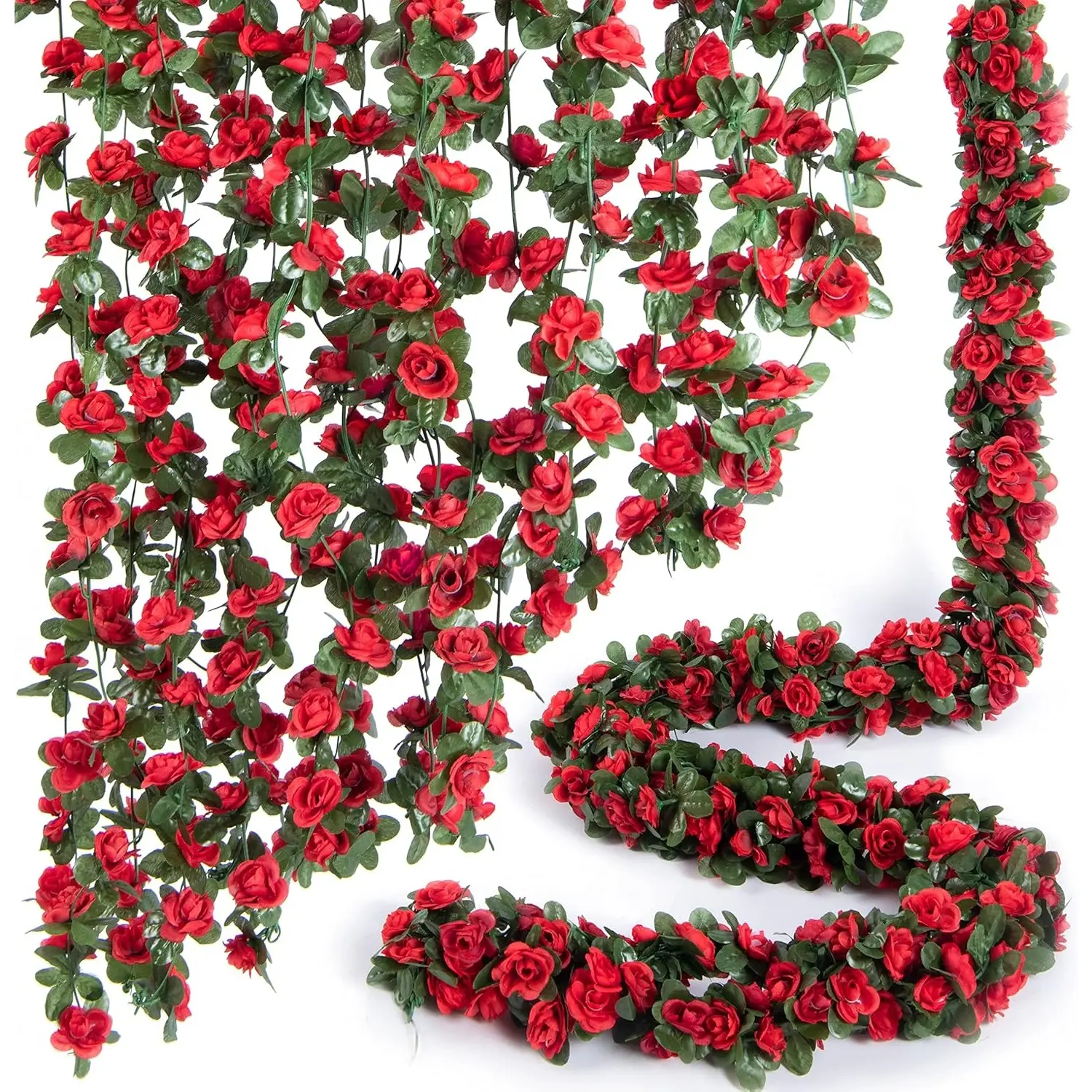 9pcs Purple Artificial Silk Rose Garland with 1.6 Inches Nature Flowers & Rattan Ornaments - Fake Hanging Spring Vines, Home Improvement Wall Decor, Birthday/Anniversary Romance Gift for Wedding Arch; Fits Fencing, Rattan Chair