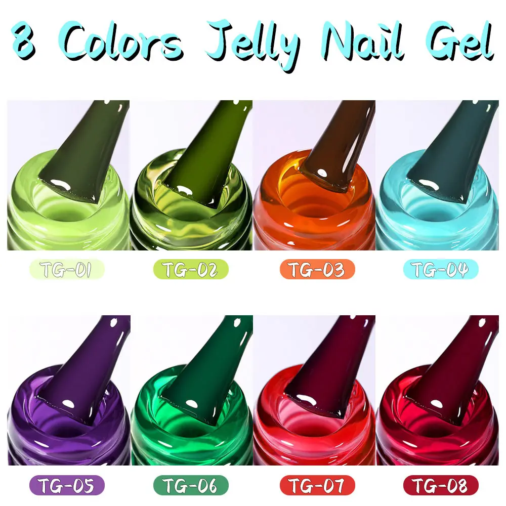 8 Colors/Set Jelly Nail Gel, Translucent Semi-Permanent Nail Art Polish, Soak off UV LED Gel Varnish, Complete Nail UV Gel Polish, Nail Art Manicure, Nail Art Products