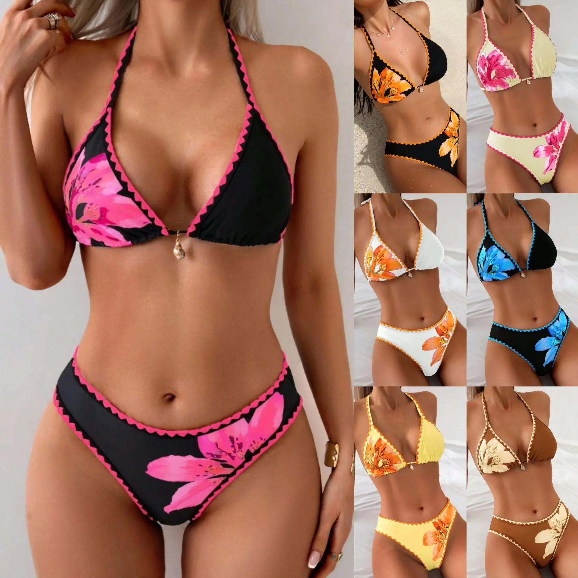 New arrival! Ins-style sexy three-piece bikini swimsuit with custom printed design and tie-up details.