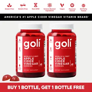 2 Bottles of Goli Apple Cider Vinegar Gummy Vitamins - Vitamin B12, Gelatin-Free, Gluten-Free, Vegan & Non-GMO.