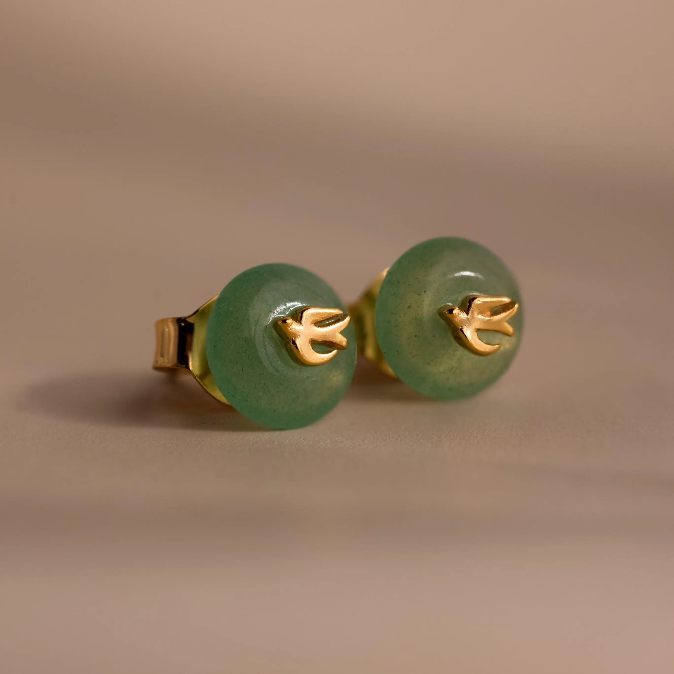 Jade Bird Studs by Caitlyn Minimalist - 18K Gold Plated Dove Earrings - Dainty Round Green Stud Earrings - Boho Nature Jewelry - Perfect Gift for Mom