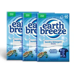 Earth Breeze Laundry Detergent Sheets 3-Pack Bundle: Powerful Clean, Safe Ingredients, No Harsh Chemical Residue from Optical Brighteners, Gentle on Skin, 60 Loads