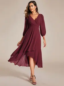 Ever-Pretty Spring dress,Fall Long Sleeves Elegant & Flattering Chiffon Midi Dress with Deep V-Neck, Puff Sleeves and Asymmetrical Hem – Size Inclusive for Special Occasions ,Wedding Guest Dress ,Fall wedding dress,Holiday dress 01926