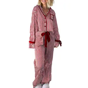 Women’s Striped Two-Piece Pajama Set – Long-Sleeve Button-Down Shirt and Christmas Pants, Christmas Holiday Sleepwear