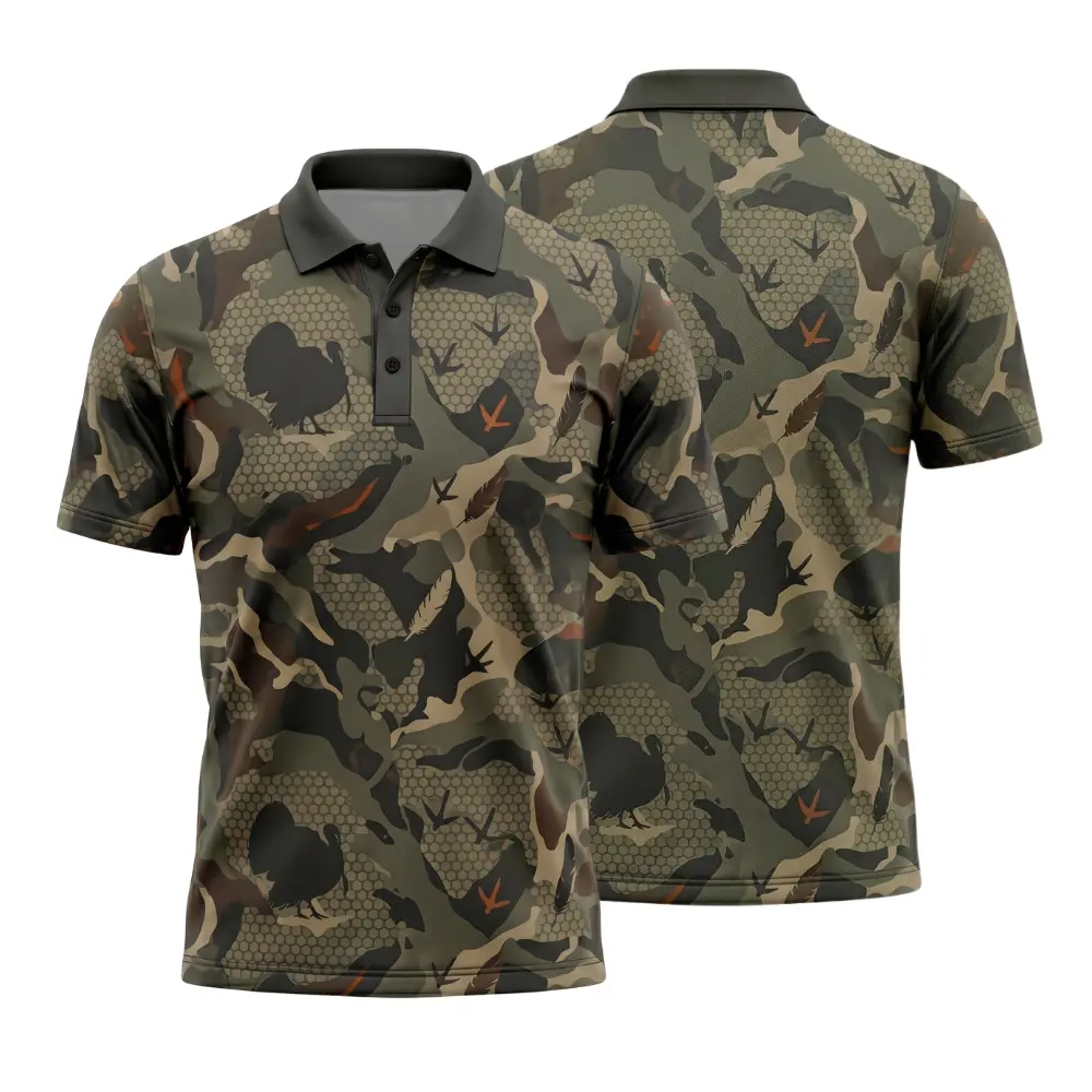 Men's Turkey Camo Short Sleeve Henley Polo Shirt - Breathable Textured Piqué Fabric, Classic Regular Fit, Quick-Dry, Sublimation Digital Print, Business Casual Apparel with Buckle & Buttons