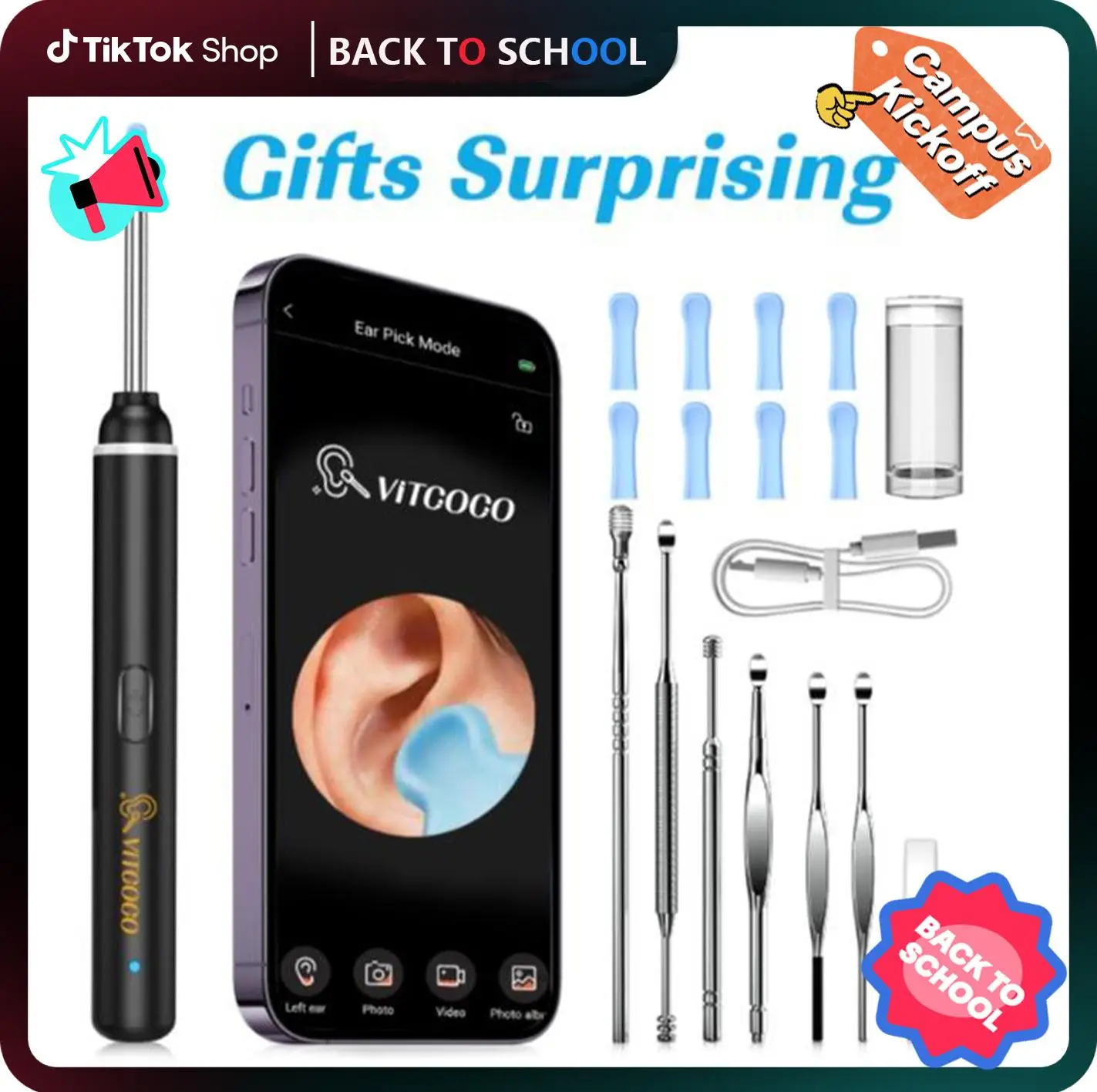 Ear Wax Removal Tool, VITCOCO Ear Cleaner with 1920P HD Camera, Earwax Remover with 8 Pcs Ear Set, with 6 LED Lights, for iPhone, iPad Mother's Day Gi
