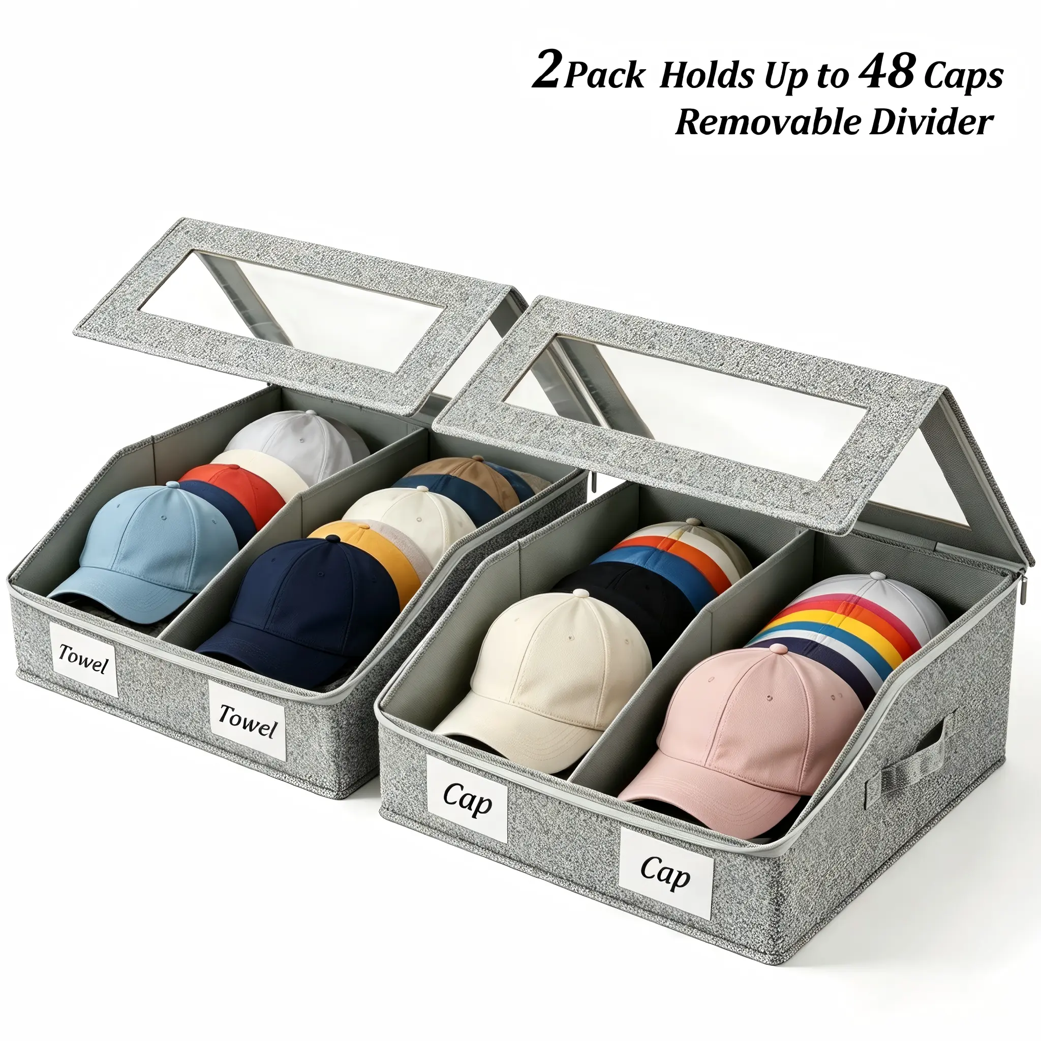 Large Stackable Linen Hat  Storage Boxes - Classic Style Baseball Cap space-saving Organizer, Wardrobe room Storage Solution clear