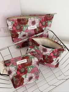 Floral Print Quilted Cosmetic Bag, 1 Set Fashionable Portable Cosmetic Bag, Multifunctional Large Floral Embroidered Cosmetic Bag, Travel Holiday Essential Cosmetic Bag
