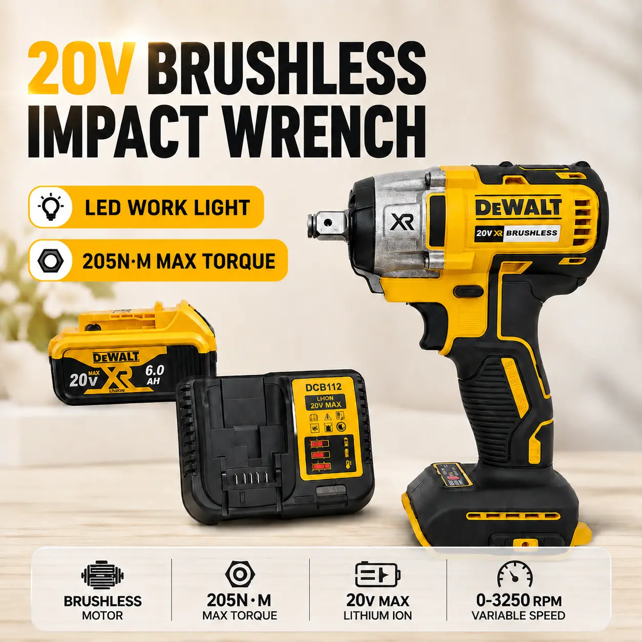 Dewalt DCF880 Brushless Motor Impact Wrench - 20V Rechargeable Cordless Power Tool, 3300RPM High Torque, Variable Speed, 18V Battery Compatible, Tire Repair Multi-Tool for Mechanics (Multitools & Accessories), Tools For Mechanics, Power Tools