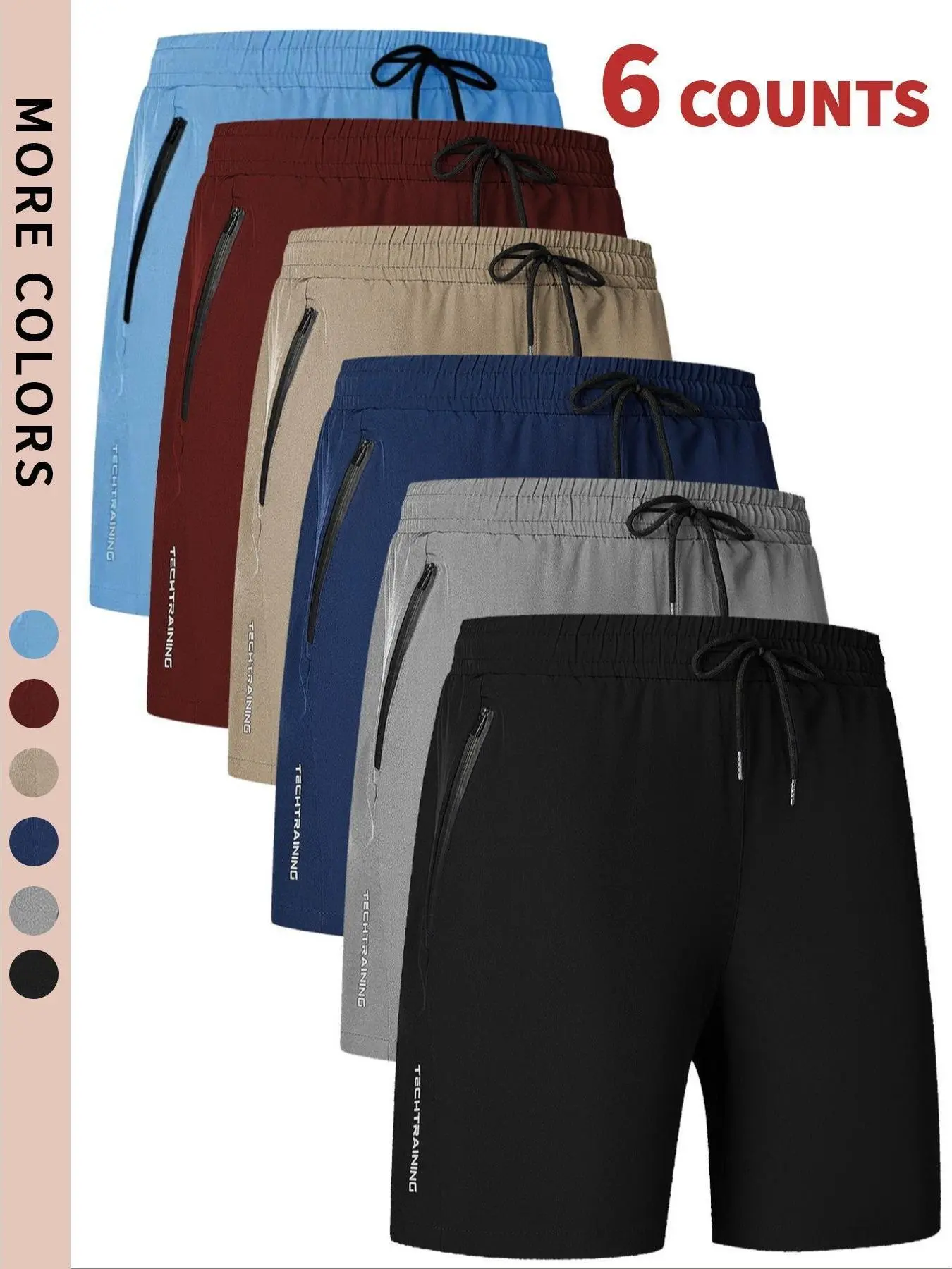 Men's 6-Pack Basic Athletic Above Knee Quick Dry Tech Training Shorts, Zip Pocket Gym & Casual Bottoms with Elastic Drawstring Waist, Breathable Stretch for All Seasons Workouts & Daily Wear, Above Knee Men's Shorts