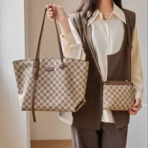 Checkered Pattern Leather Tote Bag