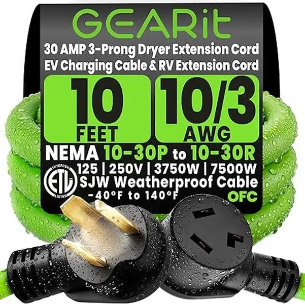 GEARit 3 Prong Dryer Cord, 10 Ft Dryer Extension Cord, NEMA 10-30P to 10-30R, 30 Amp 220V 240V Heavy Duty, 10/3 AWG STW Copper Cable, 3 Prong Dryer Extension Cord for Older Outlets