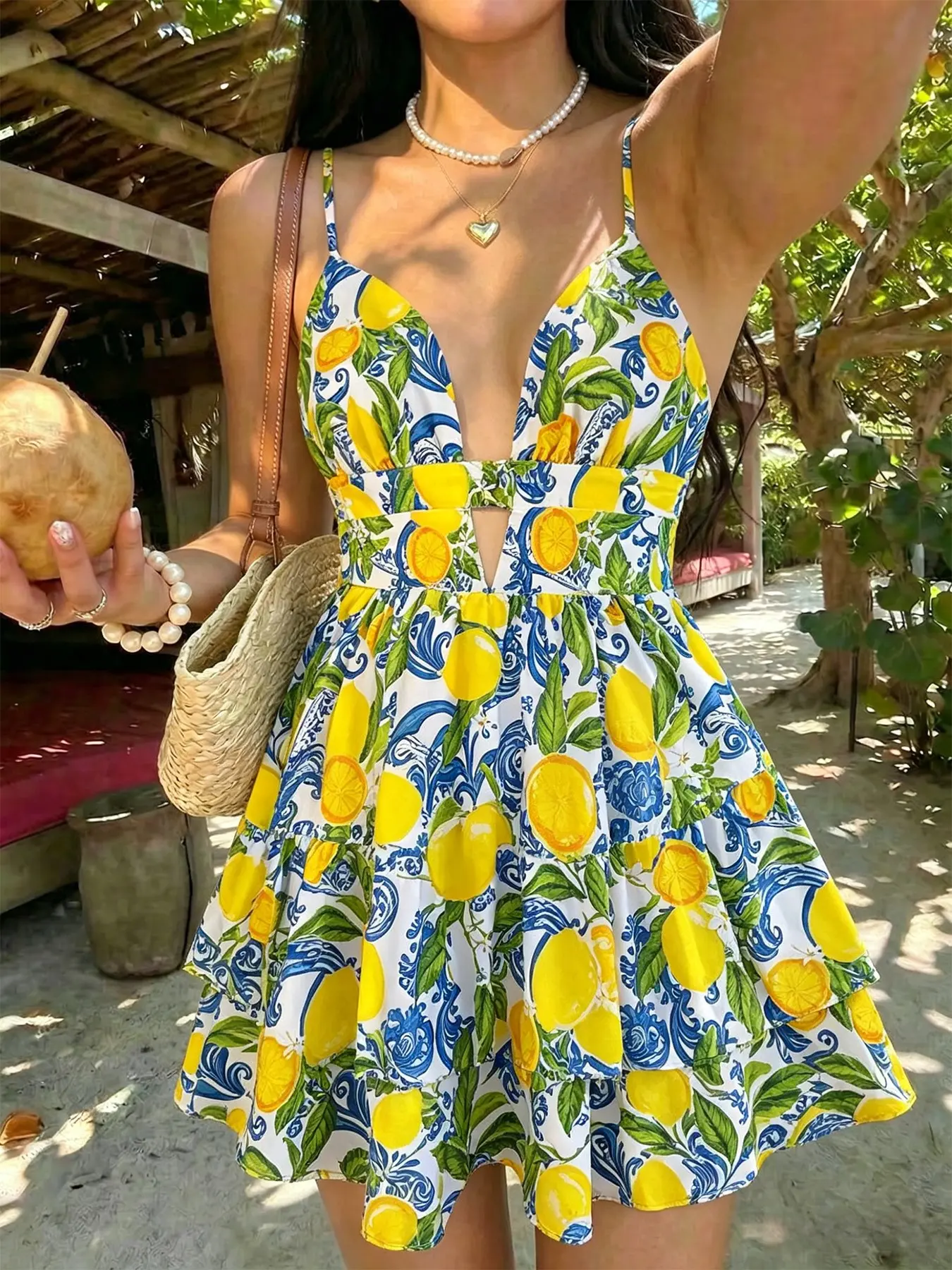 Women's Summer Vacation Multicolor Lemon Print Sleeveless Spaghetti Strap Mini Dress, Casual Chic Dress, Boho Style Dresses, Boho, Bohemian, Valentine's Day, Summer Clothing, Birthday Dress