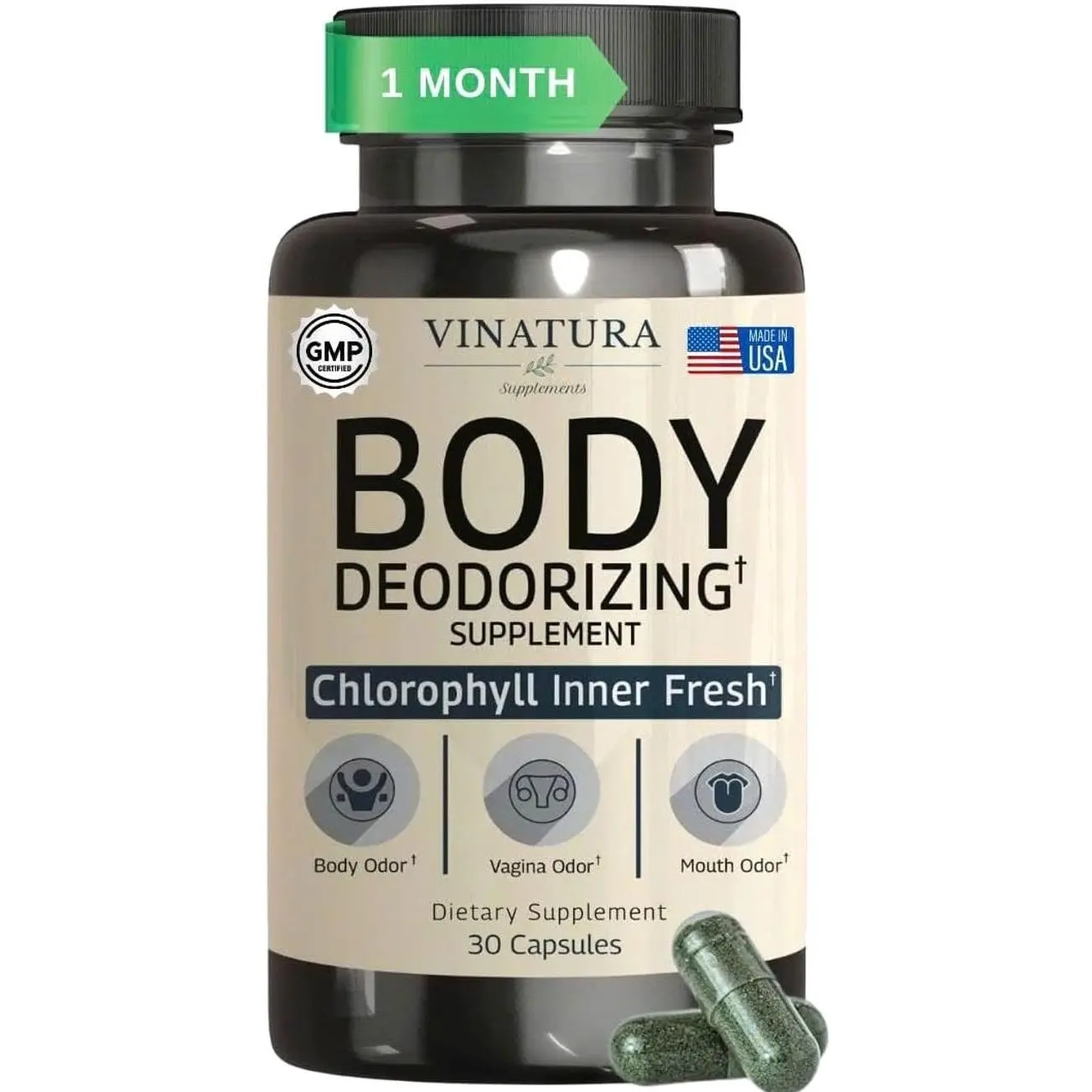 VINATURA Body Deodorizing Supplement for Women - Magic Chlorophyll Pills for Body Odor Eliminator, it Works for Her Internal Deodorant, 30 Capsules