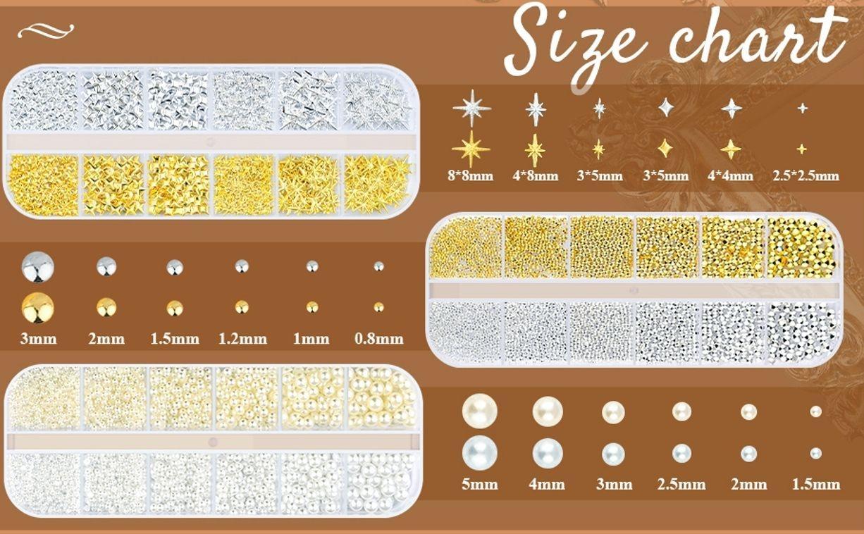 2640Pcs 3D Star Nail Charms, Gold & Silver Multi-Shapes Metallic Nail Art Gems and Small Round Caviar Beads, Craft Jewels Nail Rhinestones Accessories Manicure Decor with Tweezers and Pick-up Pencil