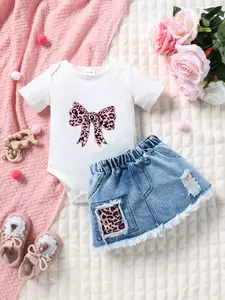 Summer Baby Girl Dress Set, Leopard Bow Patchwork, Sweet Cool Style, Daily Home Wear, Full Moon Photography, Casual