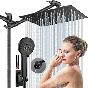 Shower Head, 10'' High Pressure Rainfall Shower Head with 6 Settings Handheld Shower Combo with 11''Extension Arm, Anti-leak Square Rain Shower Head with 78'' Hose/Holder,Summervibes