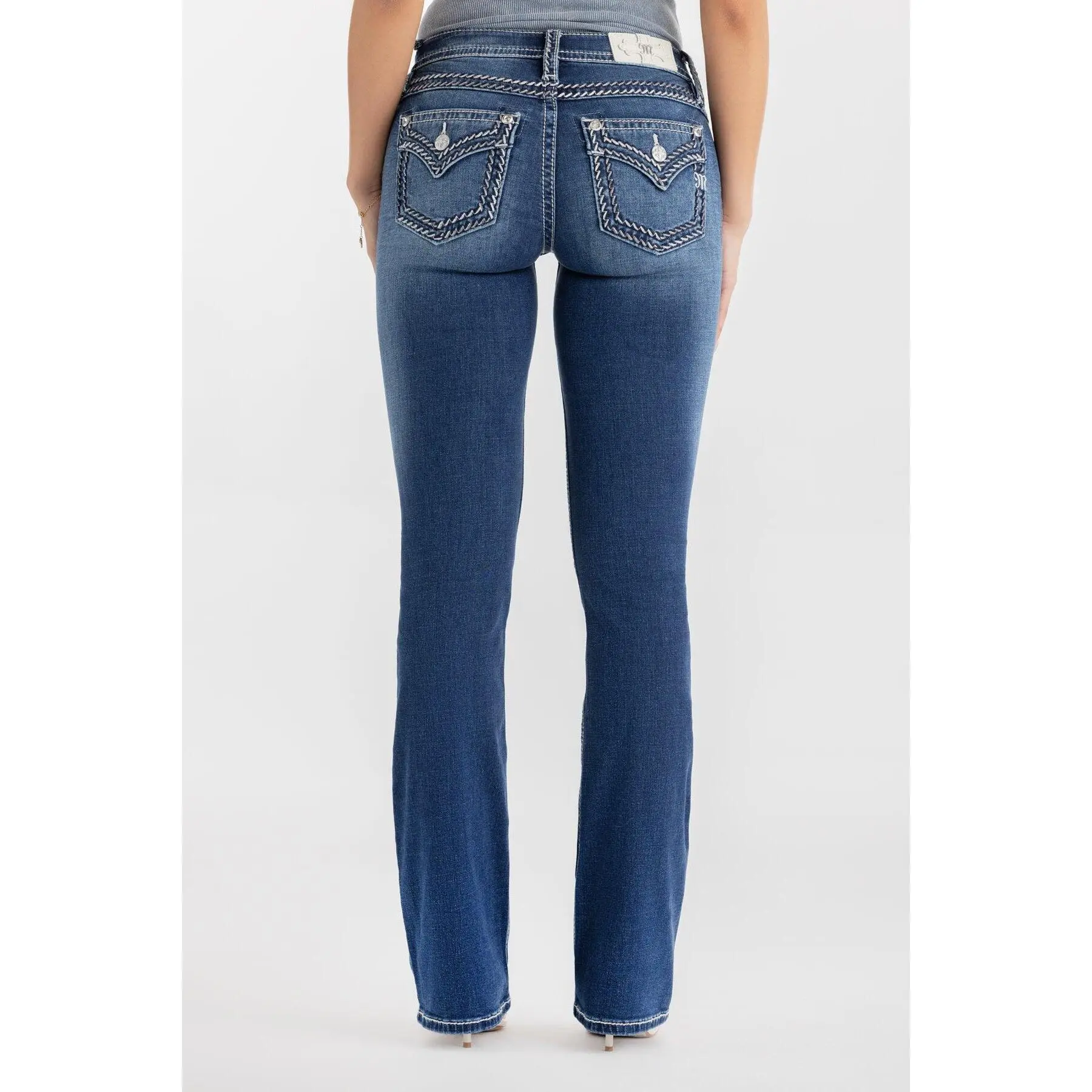 MissMe Caroline Stitched Bootcut Jeans - Mid-Rise 5-Pocket Design with Rhinestone Rivets & Embroidered Border