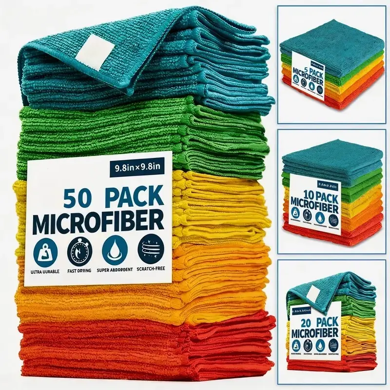 Ultra-Absorbent Quick-Dry Microfiber Super Absorbent Cloths, 10/20/50pcs, 9.84x9.84in, Scratch-Free Microfiber Cleaning Towels, Ideal for Kitchen & Bathroom, Durable & Vibrant Colors