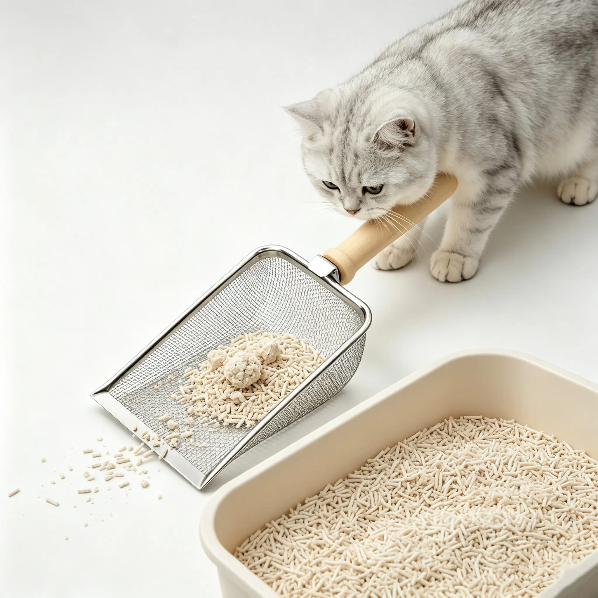 Stainless Steel Fine Mesh Cat Litter Scoop, Natural Solid Wood Handle Sifter Shovel, Durable Sifting Litter Scooper for Bentonite Tofu Crystal Cat Litter, Easy Clean Pet Waste Scoop