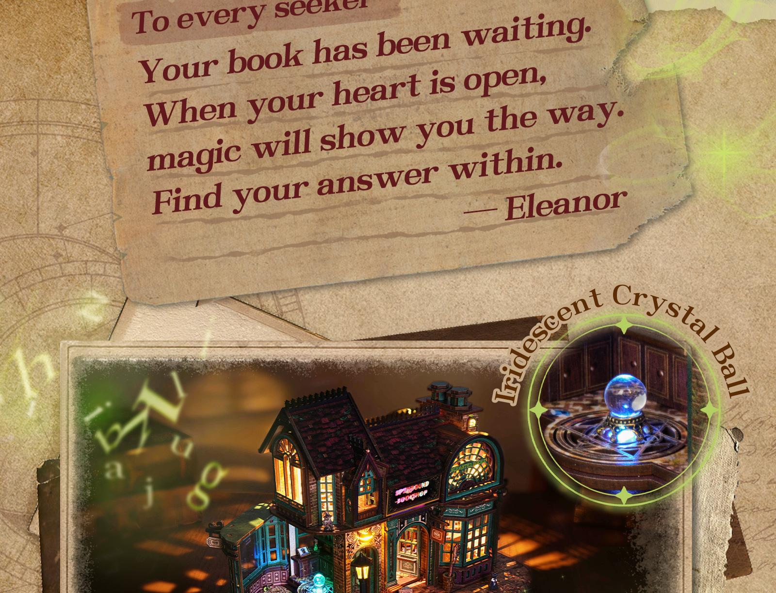 FUNPOLA LED 3D Wooden  Puzzle Magic Bookstore Building Model Kit - DIY Miniature Spellbound Bookshop - 3D Puzzle Architecture Craft Gift for Adults(Standard&Upgraded))