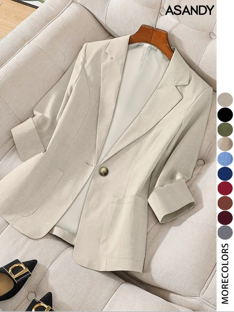 Women's Solid Color Button Front Blazer Coat, Casual Long Sleeve Outerwear for Work Office Business, Ladies Spring & Fall Woven Clothes, Fitted Womenswear
