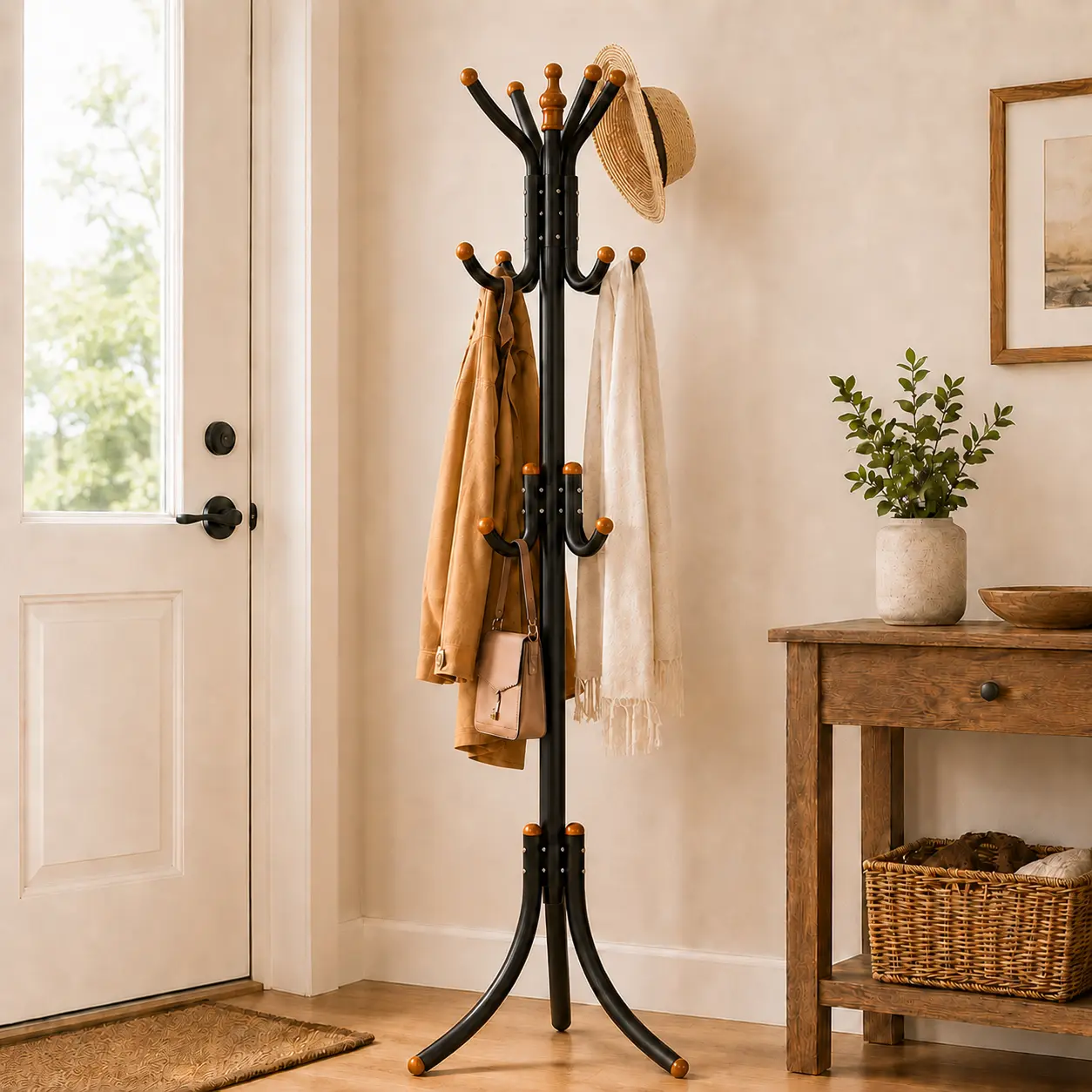 1-Piece Freestanding Metal Coat Rack, 3-Tier Multi-Hook Standing Coat Tree with Stable Triangular Base, Black & White Floor Clothes Hanger for Entryway, Bedroom, Office, Closet Organization, Dorm and Apartment Small Spaces