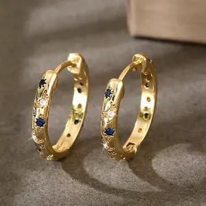 A Pair of Luxurious Copper Earrings Inlaid with Colorful Synthetic Zirconia Stones, Featuring a Fashionable And Versatile Star And Design, Perfect As a Holiday Gift for Women on Special Occasions