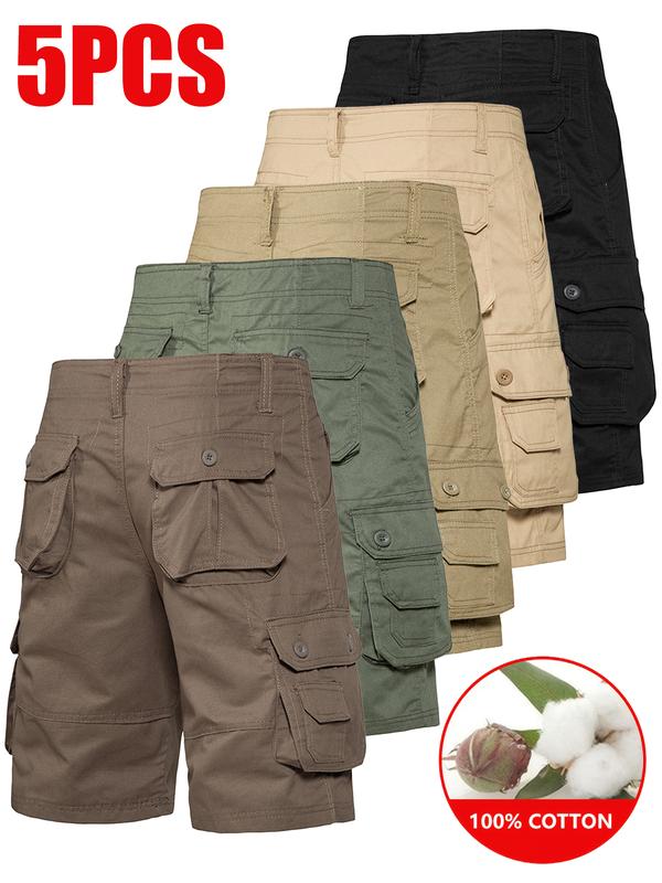 Men's 5-Piece Pure Cotton Shorts Set - Mid Waist, Above the Knee, Plain, Breathable, Wear-Resistant, Wrinkle-Resistant, Pocket System, American Vintage Cargo & Sports-Casual, for Outdoor Commuting