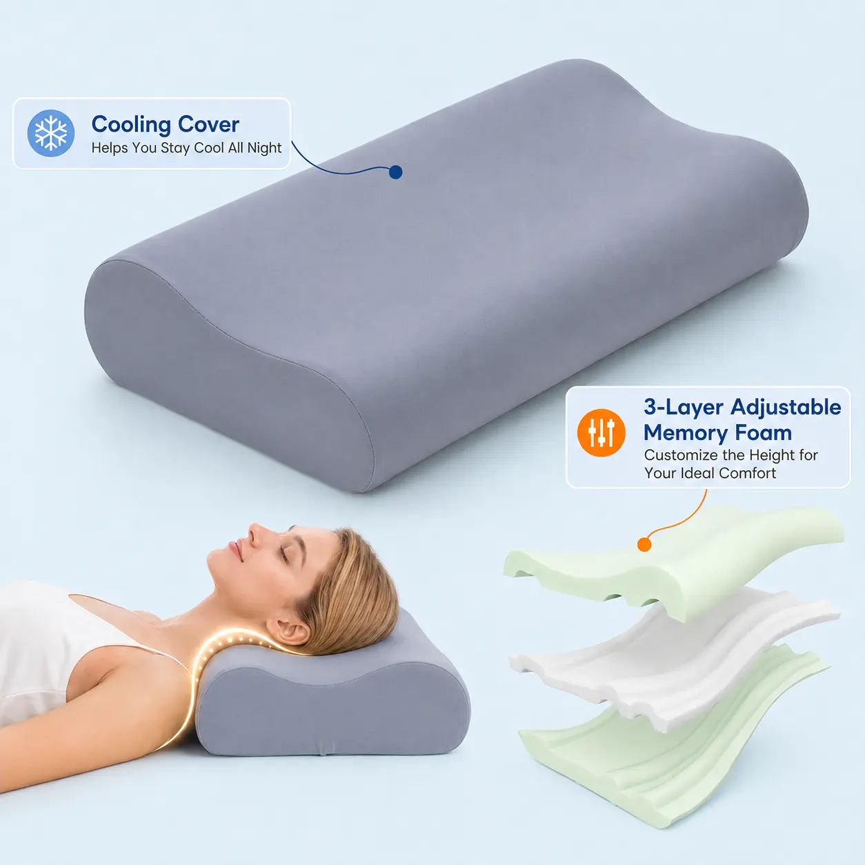 Raybee Cooling Memory Foam Pillow- Personalized Height ,Adjustable Cervical Contour Neck Pillow for Sleeping, Side Sleeper Pillow for Neck Pain Relief ,  Back Stomach Sleeping, Queen Size
