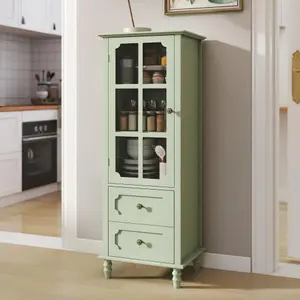 Minimalism Buffet Cabinet with Glass Doors & Double Drawer Modern Wooden Storage Sideboard Cupboard for Living Room Dining Room Hallway Entryway Mint Green